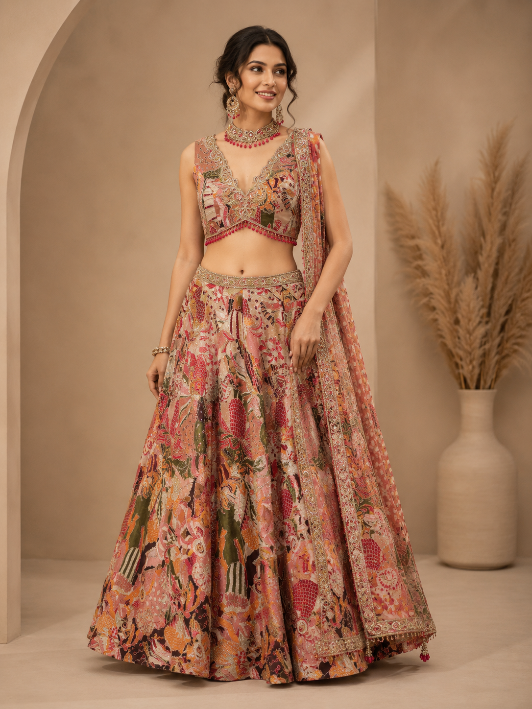 Peach Silk Designer Lehenga Choli with Heavy Traditional Embroidery & Dupatta